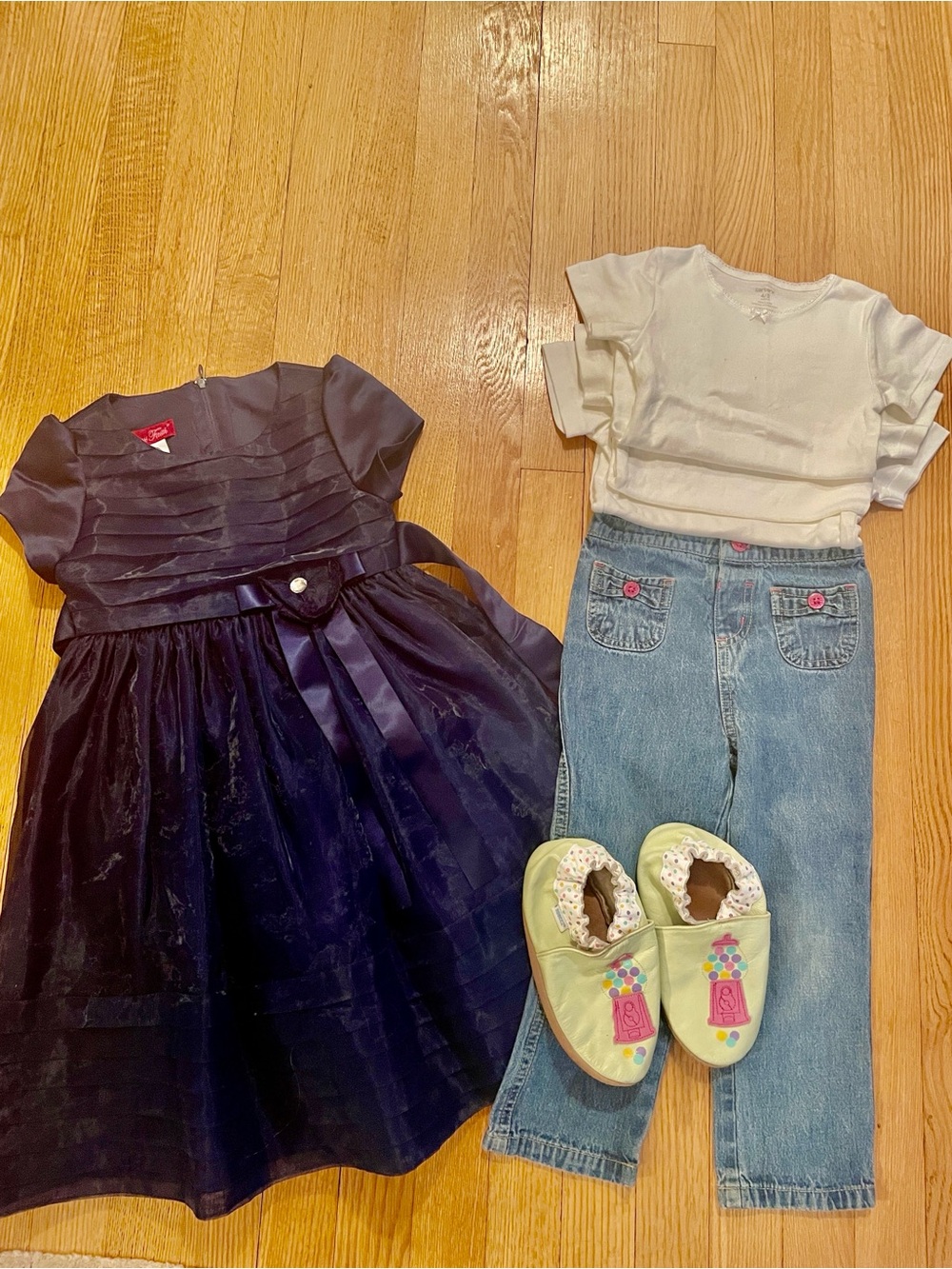 Girls clothing lot bundle 4/5 dress, leather play/bedroom slippers, jeans, tops
